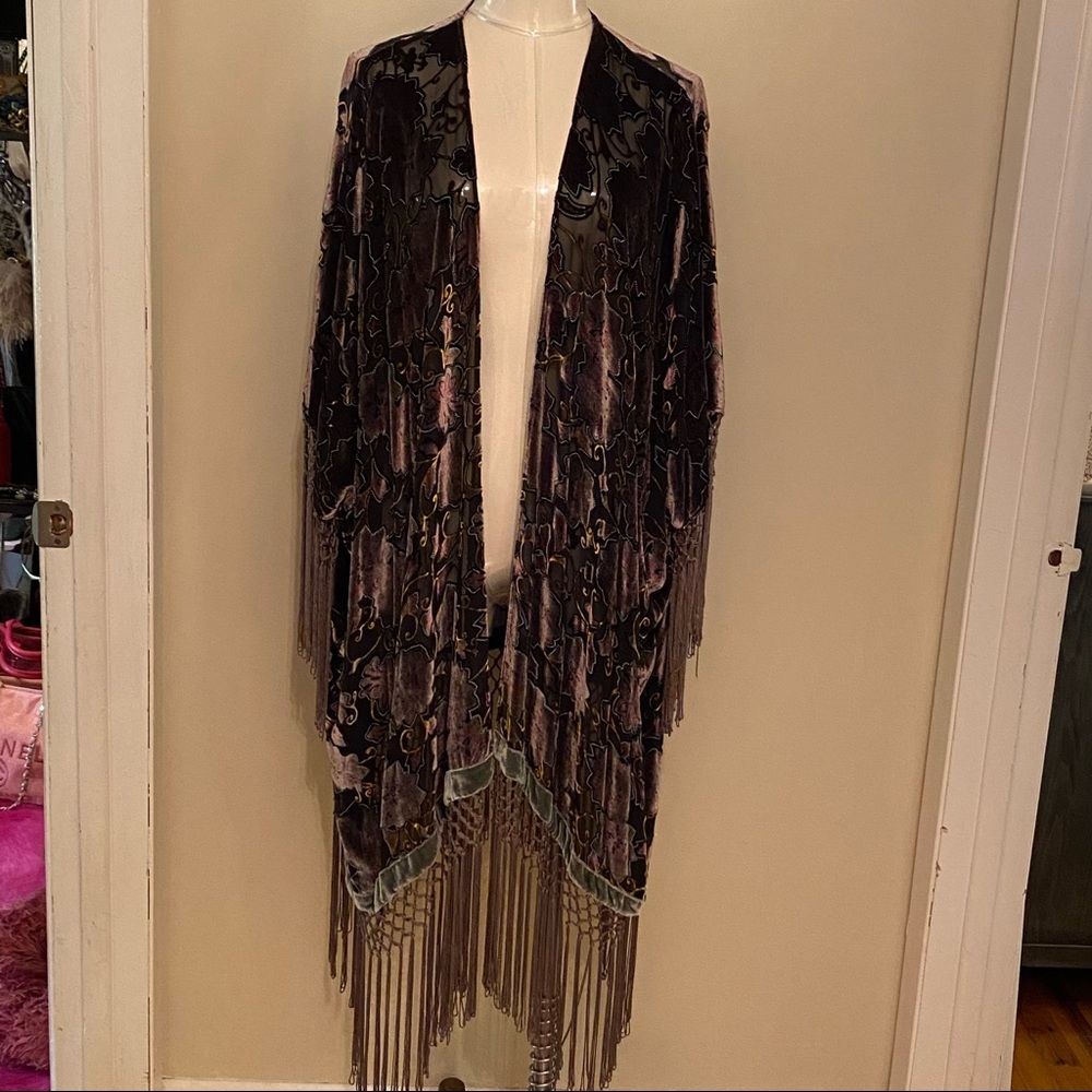 Zara embroidered velvet kimono / jacket with fringe detail